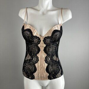 Vtg Y2K La Perla Beige Satin Pleated Black Lace Sexy Corset Bra Bralette Size 36